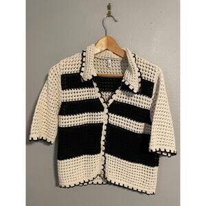 ONLY Cardigan Sweater Womens Small Cream Black Stripe Crochet Button Up Granny